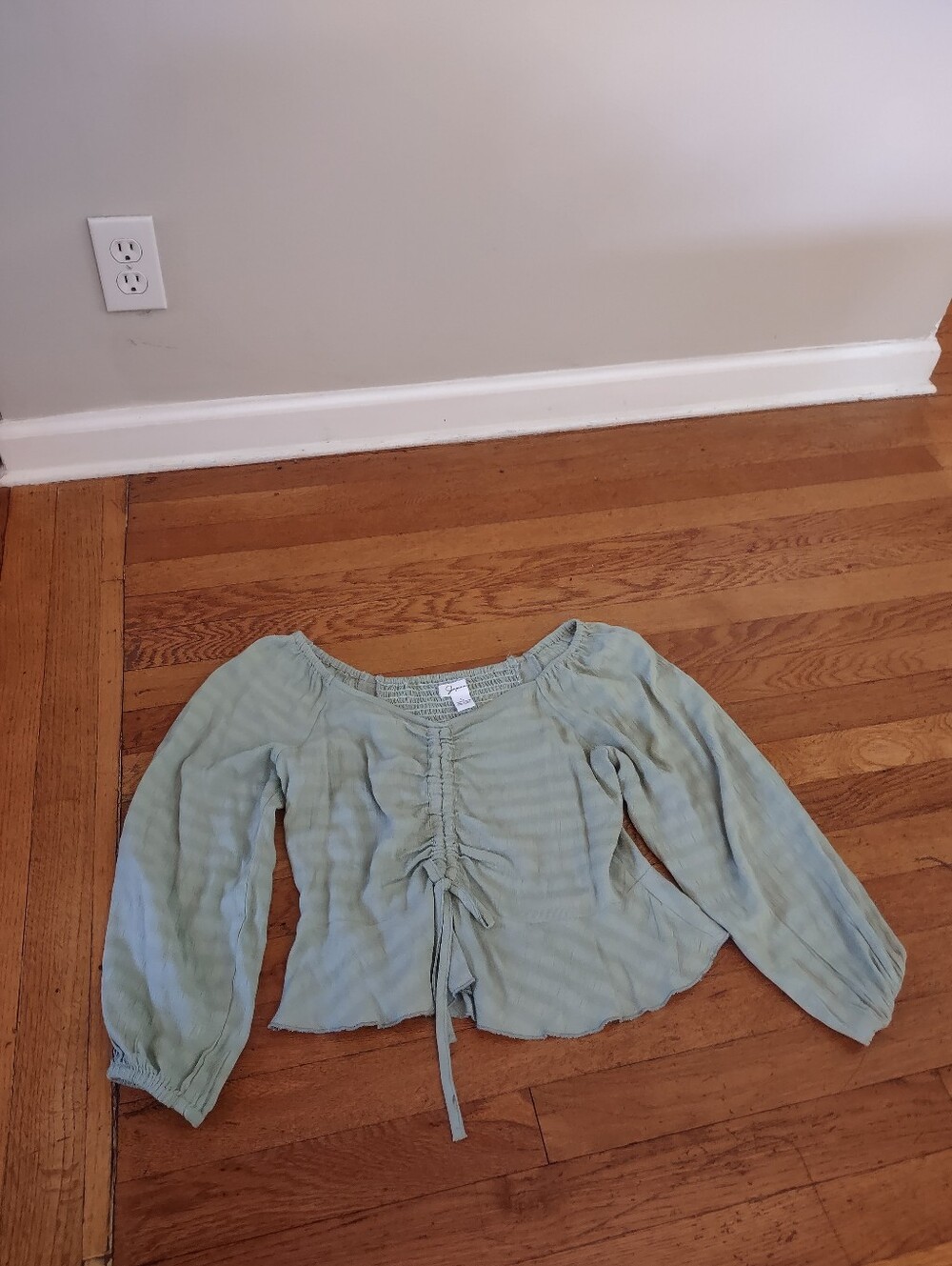 sage green long sleeved tie front frilly top japna size small Cottagecore Fairy